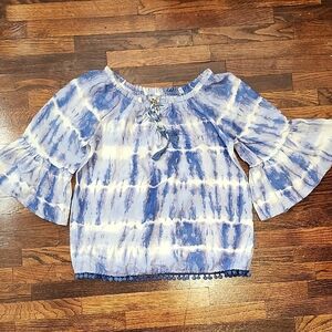 Seven7 Blue and White Fairy Boho Tie Dye Blouse Tie Neck Ruffle Bell Sleeve Smal